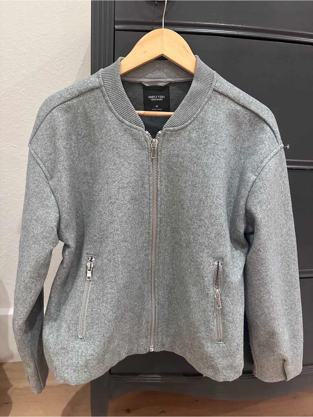 Simply Vera Gray Bomber Jacket M Women's Zip Front Coat